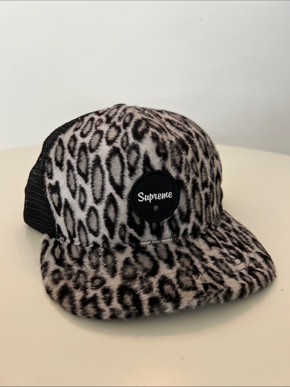 Supreme Leopard Faux Fur Trucker Hat - Black and White